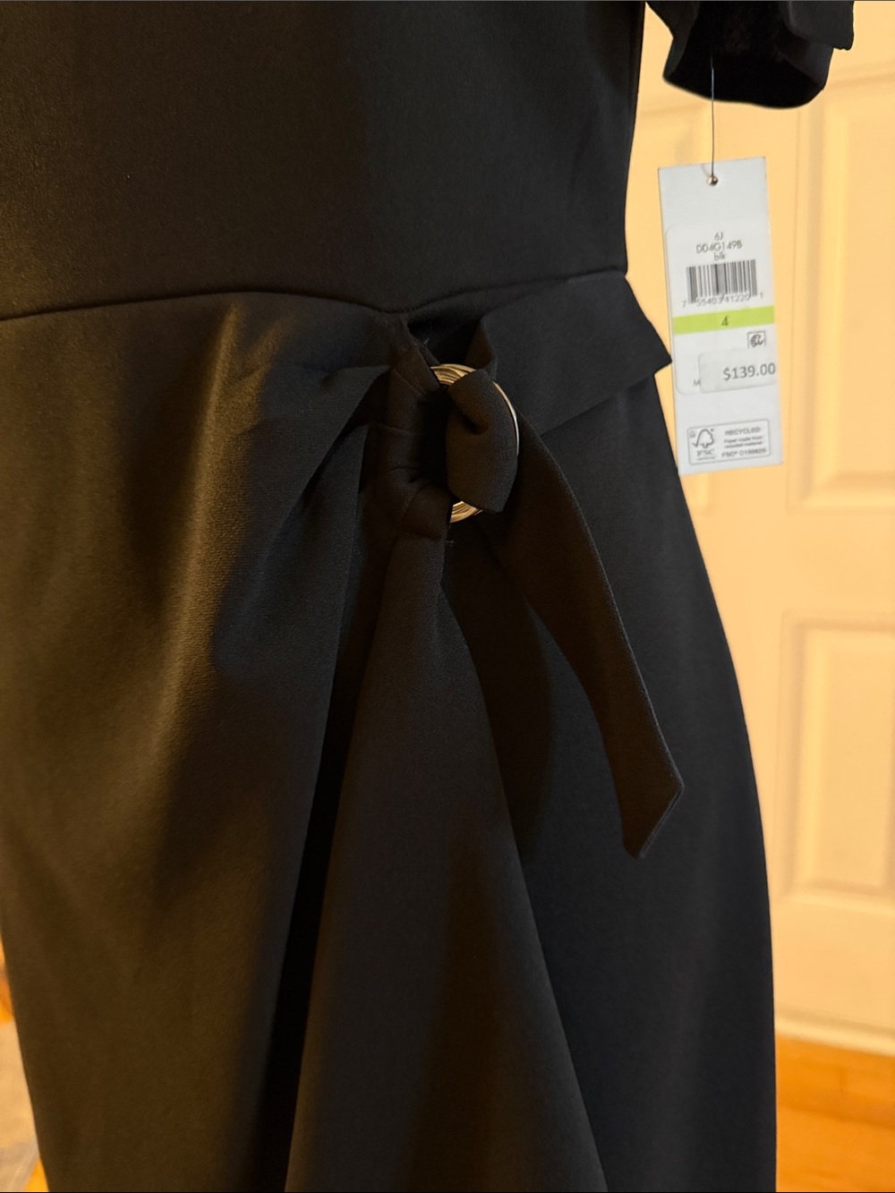 Dkny Black Knee Length Dress with Puff Sleeves and Side Tie - Picture 4 of 7